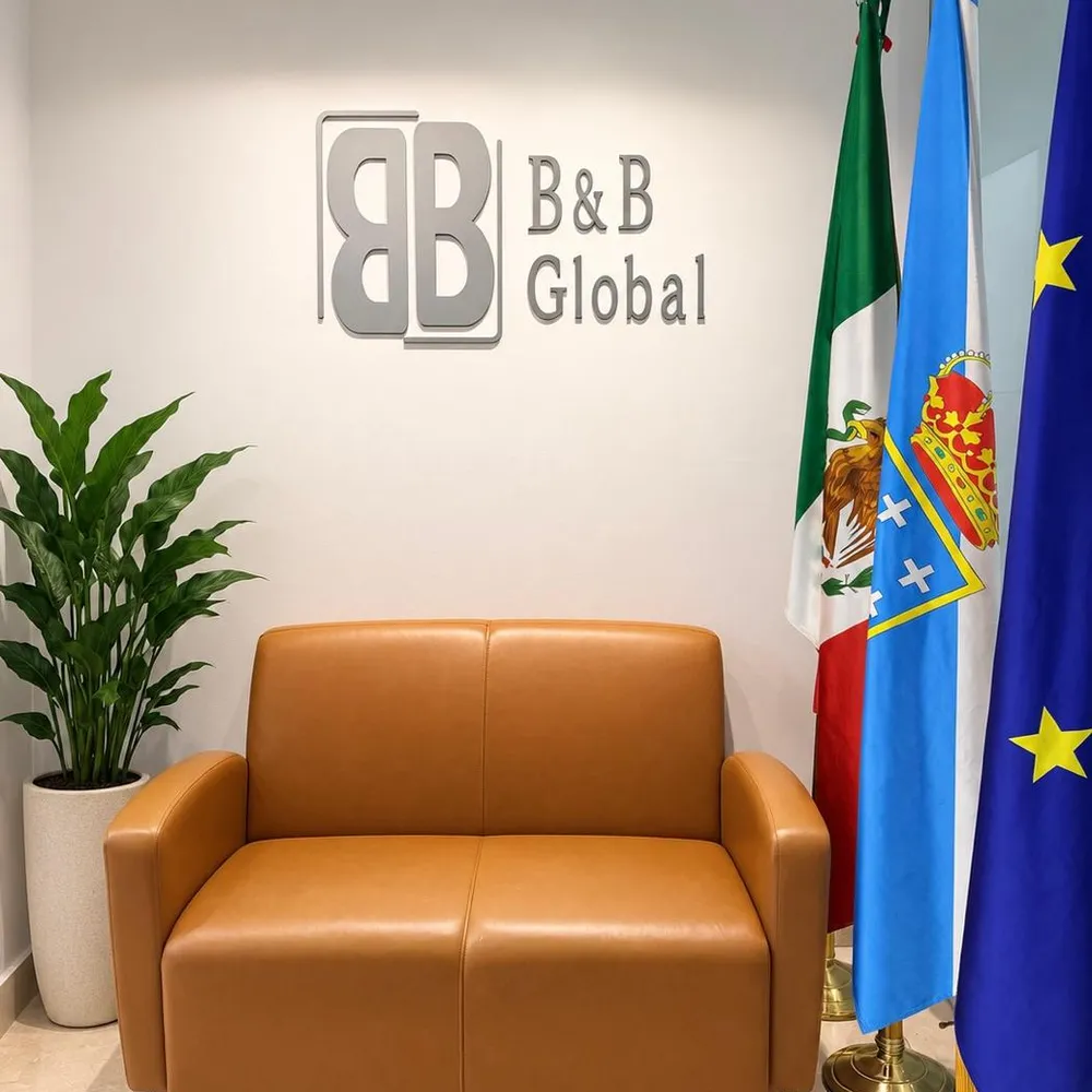B&B Global reception with the flags of Mexico, Galicia and the European Union